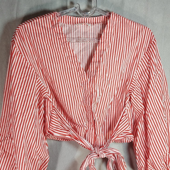 H&M Candy Stripe Red  White Cotton Tie Up Long Sleeve Blouse Top, Medium - Picture 2 of 14